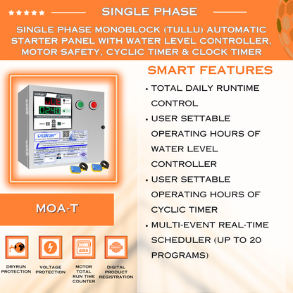 Single Phase Monoblock (Tullu) Automatic Starter Panel with Water Level Controller, Motor Safety, Cyclic Timer & Clock Timer (MOA-T)