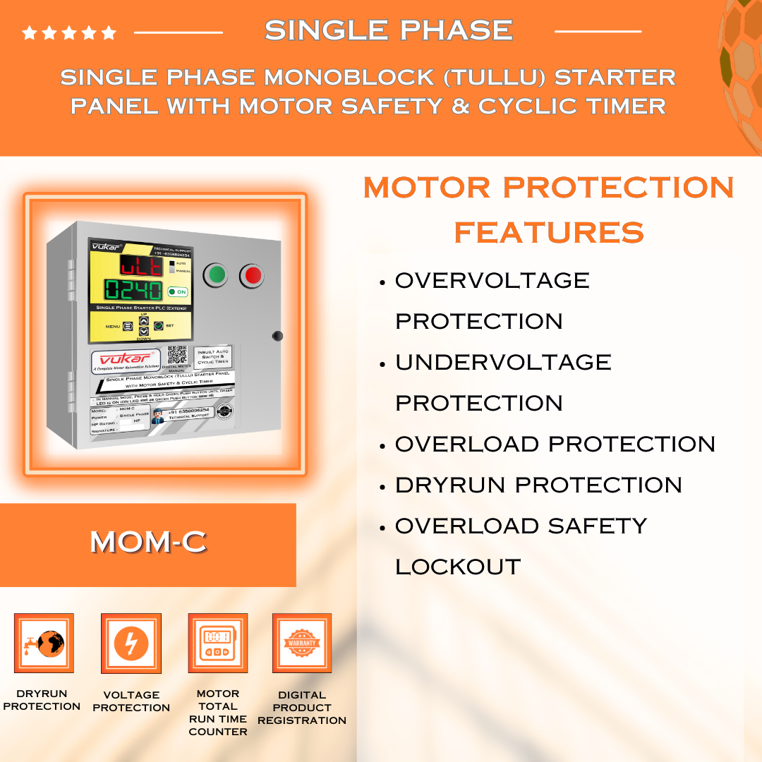 Single Phase Monoblock (Tullu) Starter Panel with Motor Safety & Cyclic Timer (MOM-C)