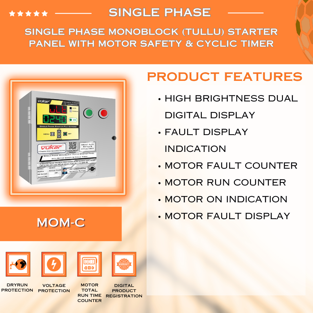 Single Phase Monoblock (Tullu) Starter Panel with Motor Safety & Cyclic Timer (MOM-C)