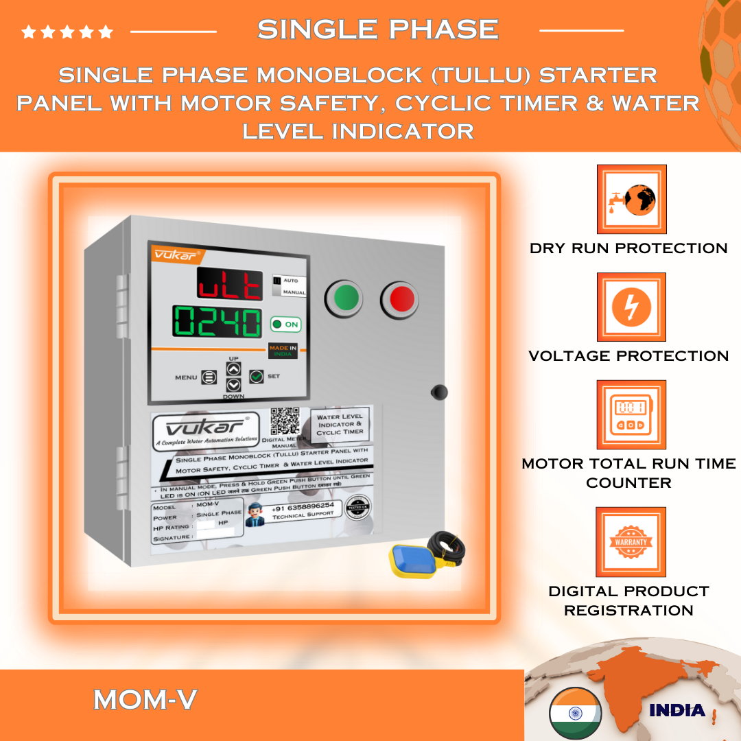 Single Phase Monoblock (Tullu) Starter Panel with Motor Safety, Cyclic Timer & Water Level Indicator (MOM-V)