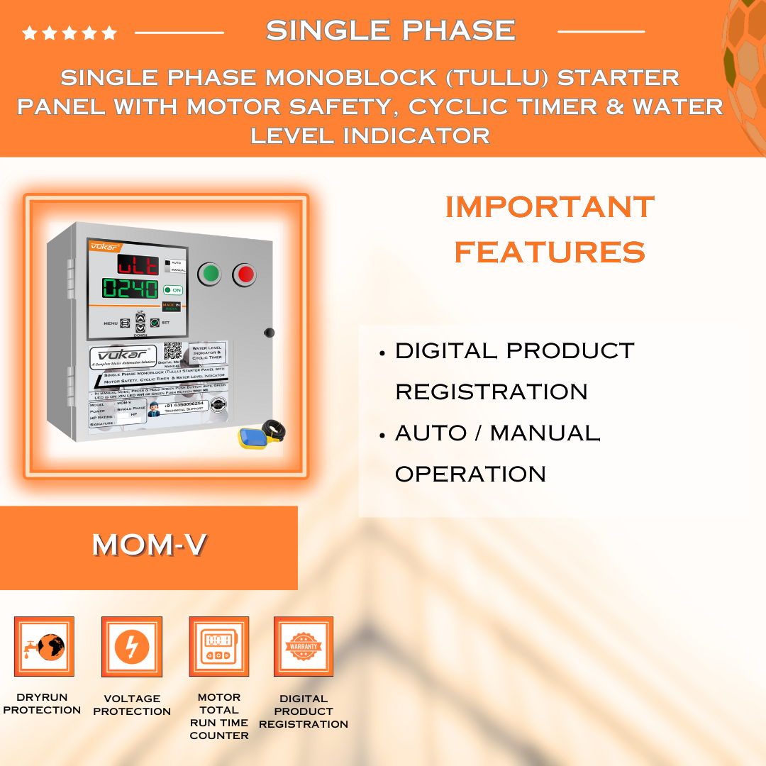 Single Phase Monoblock (Tullu) Starter Panel with Motor Safety, Cyclic Timer & Water Level Indicator (MOM-V)