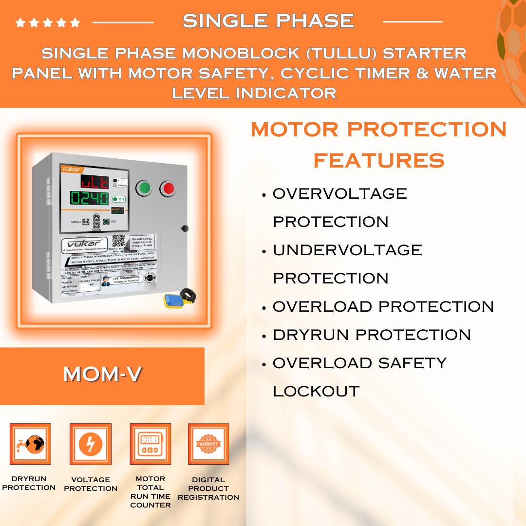 Single Phase Monoblock (Tullu) Starter Panel with Motor Safety, Cyclic Timer & Water Level Indicator (MOM-V)
