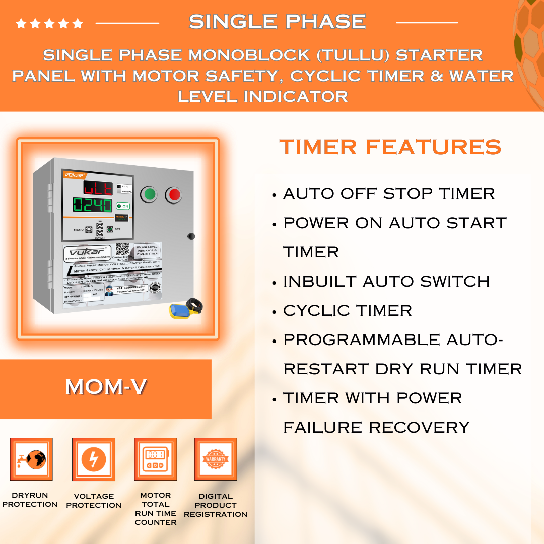 Single Phase Monoblock (Tullu) Starter Panel with Motor Safety, Cyclic Timer & Water Level Indicator (MOM-V)