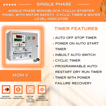 Single Phase Monoblock (Tullu) Starter Panel with Motor Safety, Cyclic Timer & Water Level Indicator (MOM-V)