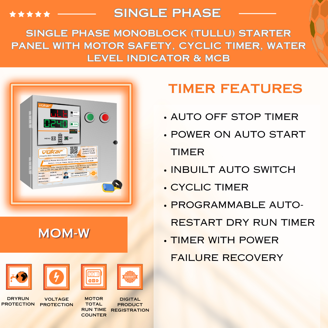 Single Phase Monoblock (Tullu) Starter Panel with Motor Safety, Cyclic Timer, Water Level Indicator & MCB (MOM-W)