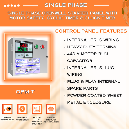 Single Phase Openwell Starter Panel with Motor Safety, Cyclic Timer & Clock Timer (OPM-T)
