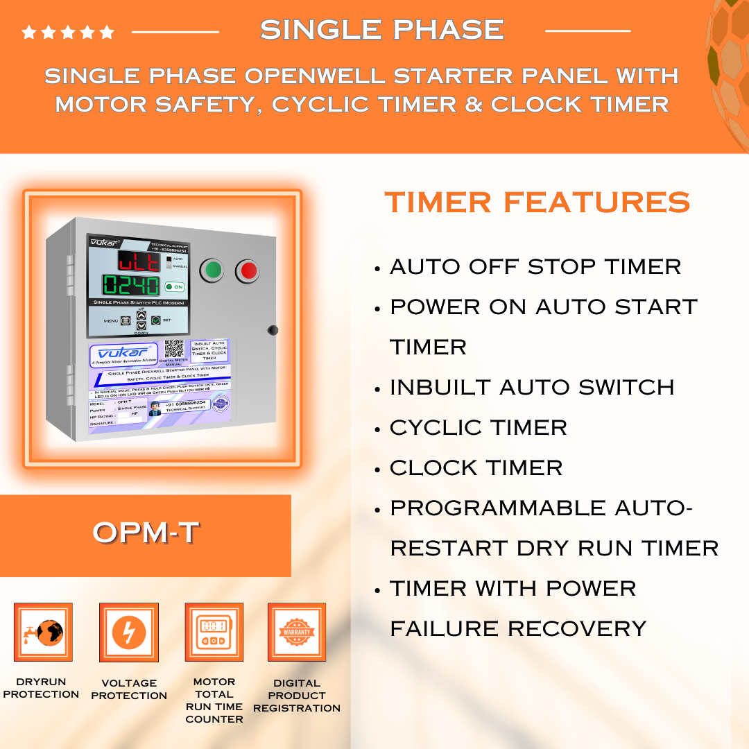 Single Phase Openwell Starter Panel with Motor Safety, Cyclic Timer & Clock Timer (OPM-T)