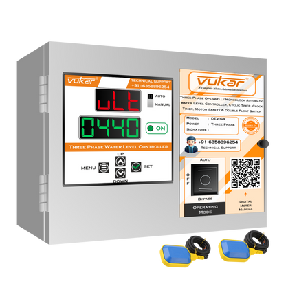 Three Phase Openwell / Monoblock Automatic Water Level Controller, Cyclic Timer, Clock Timer, Motor Safety & Double Float Switch (DEV-G4)