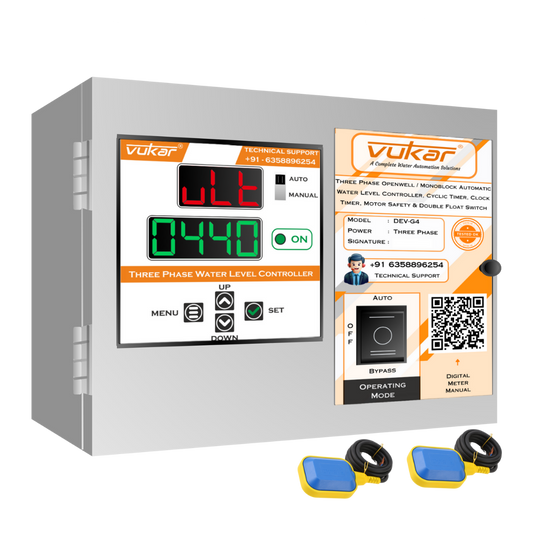 Three Phase Openwell / Monoblock Automatic Water Level Controller, Cyclic Timer, Clock Timer, Motor Safety & Double Float Switch (DEV-G4)