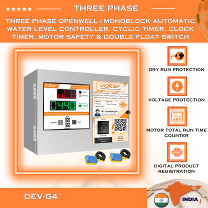 Three Phase Openwell / Monoblock Automatic Water Level Controller, Cyclic Timer, Clock Timer, Motor Safety & Double Float Switch (DEV-G4)