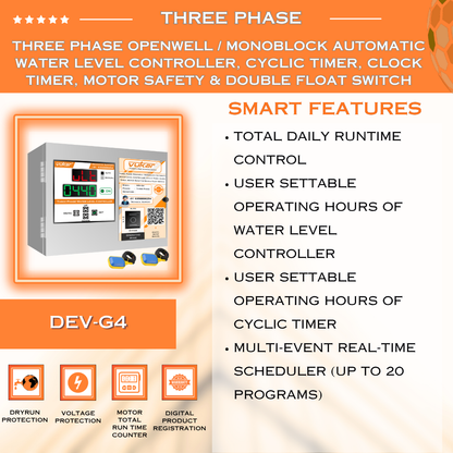 Three Phase Openwell / Monoblock Automatic Water Level Controller, Cyclic Timer, Clock Timer, Motor Safety & Double Float Switch (DEV-G4)