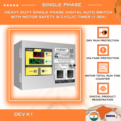 Heavy Duty Single Phase Digital Auto Switch with Motor Safety & Cyclic Timer (1-35A) (DEV-K1)