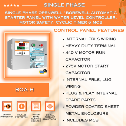 Single Phase Openwell / Borewell Automatic Starter Panel with Water Level Controller,  Motor Safety, Cyclic Timer & MCB (BOA-H)