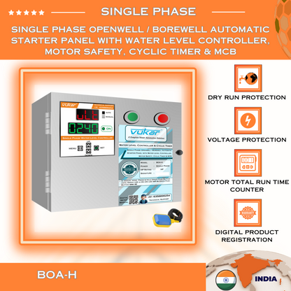 Single Phase Openwell / Borewell Automatic Starter Panel with Water Level Controller,  Motor Safety, Cyclic Timer & MCB (BOA-H)