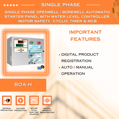 Single Phase Openwell / Borewell Automatic Starter Panel with Water Level Controller,  Motor Safety, Cyclic Timer & MCB (BOA-H)