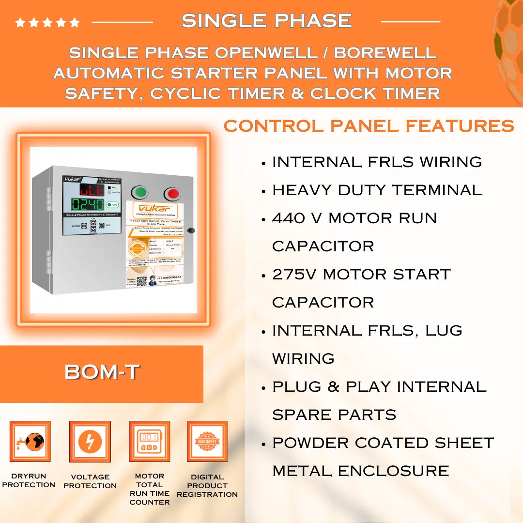 Single Phase Borewell / Openwell Starter Panel with Motor Safety, Cyclic Timer & Clock Timer VUKAR