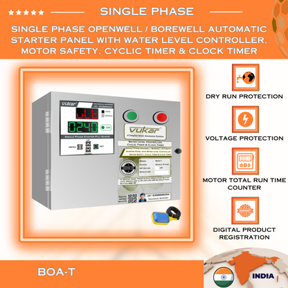 Single Phase Openwell / Borewell Automatic Starter Panel with Water Level Controller,  Motor Safety, Cyclic Timer & Clock Timer (BOA-T)