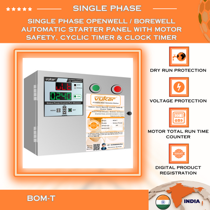 Single Phase Borewell / Openwell Starter Panel with Motor Safety, Cyclic Timer & Clock Timer VUKAR