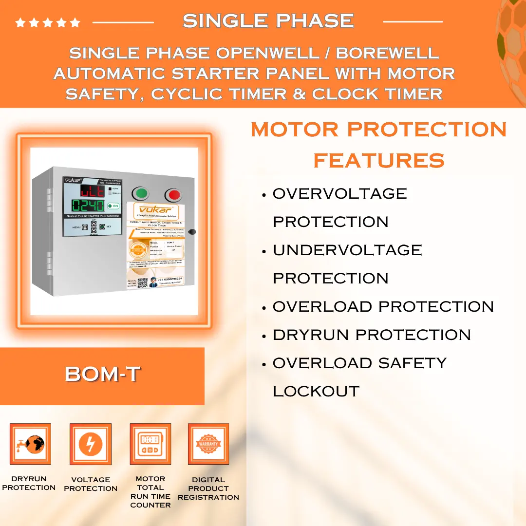 Single Phase Borewell / Openwell Starter Panel with Motor Safety, Cyclic Timer & Clock Timer VUKAR