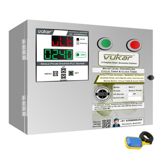 Single Phase Openwell / Borewell Automatic Starter Panel with Water Level Controller,  Motor Safety, Cyclic Timer & Clock Timer (BOA-T)