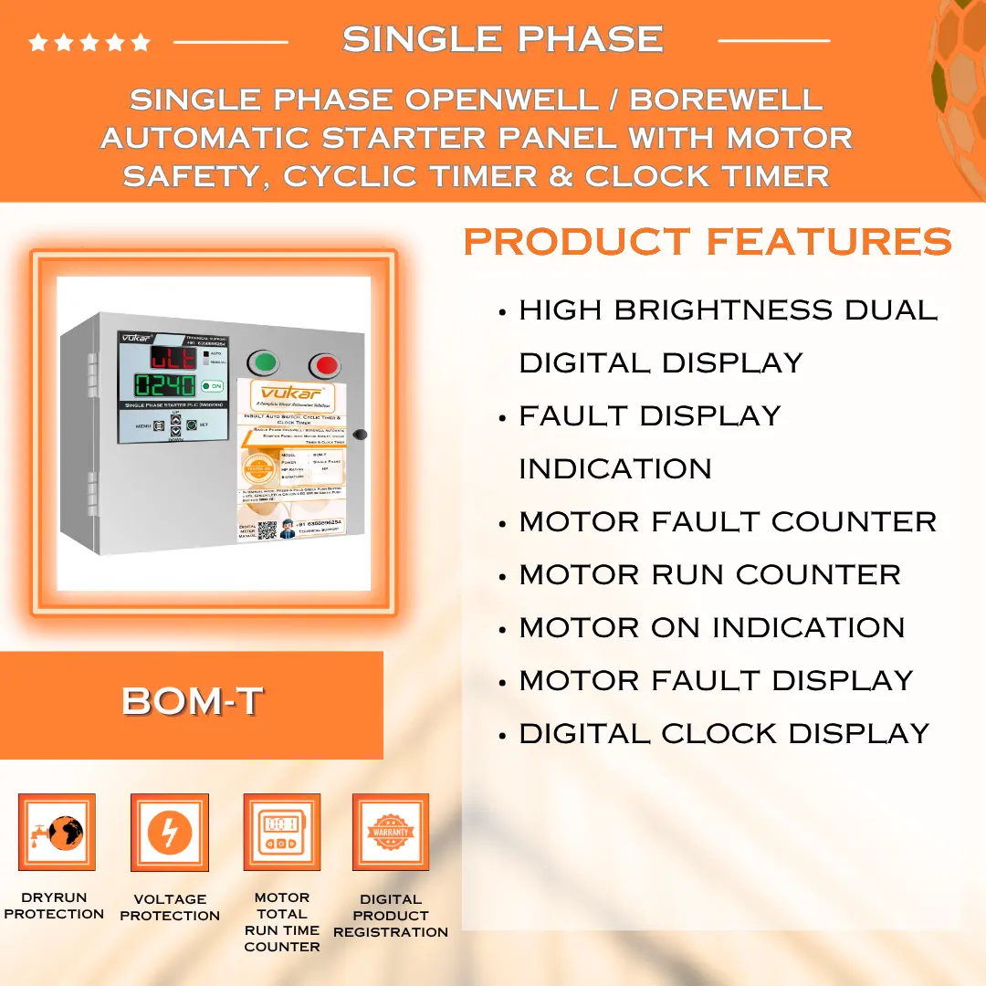 Single Phase Borewell / Openwell Starter Panel with Motor Safety, Cyclic Timer & Clock Timer VUKAR
