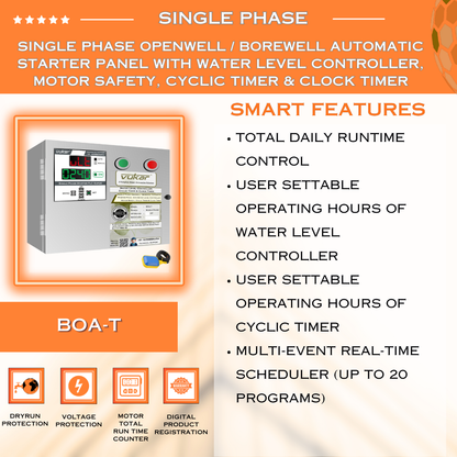 Single Phase Openwell / Borewell Automatic Starter Panel with Water Level Controller,  Motor Safety, Cyclic Timer & Clock Timer (BOA-T)