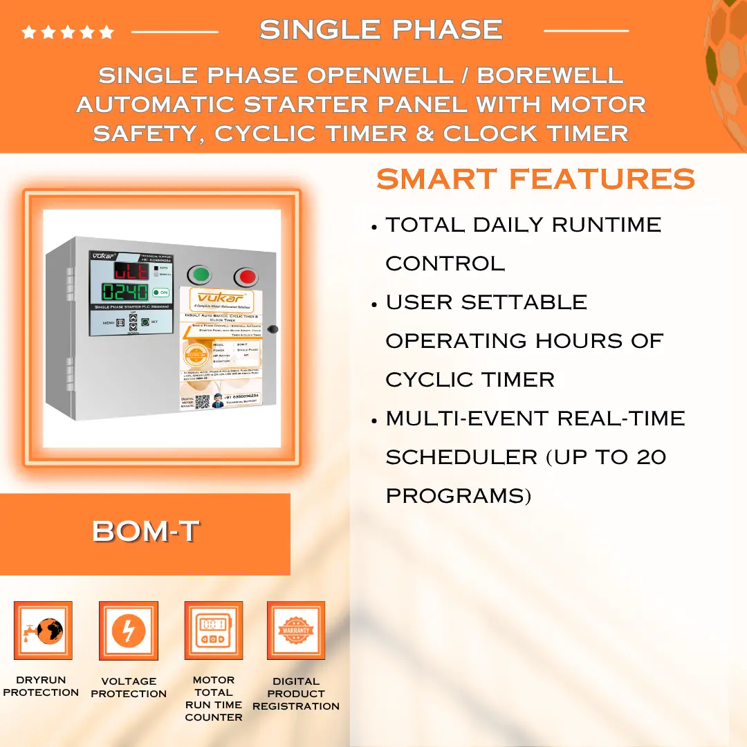Single Phase Borewell / Openwell Starter Panel with Motor Safety, Cyclic Timer & Clock Timer VUKAR