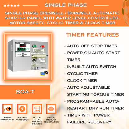 Single Phase Openwell / Borewell Automatic Starter Panel with Water Level Controller,  Motor Safety, Cyclic Timer & Clock Timer (BOA-T)