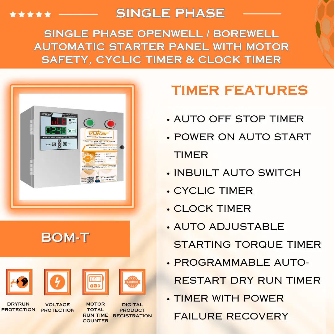 Single Phase Borewell / Openwell Starter Panel with Motor Safety, Cyclic Timer & Clock Timer VUKAR