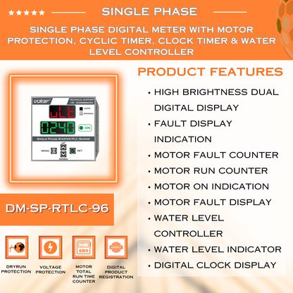 Single Phase Digital Meter with Motor Protection, Cyclic Timer, Clock Timer & Water Level Controller (DM-SP-RTLC-96)