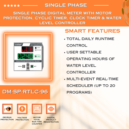 Single Phase Digital Meter with Motor Protection, Cyclic Timer, Clock Timer & Water Level Controller (DM-SP-RTLC-96)