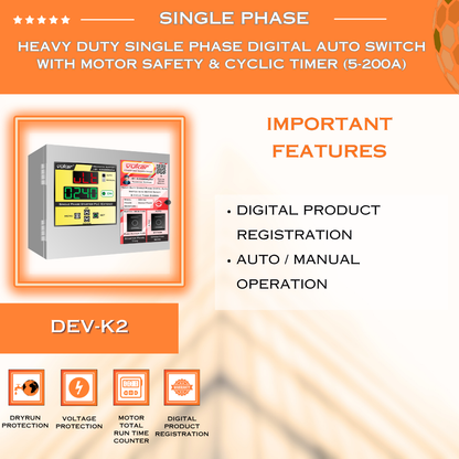 Heavy Duty Single Phase Digital Auto Switch with Motor Safety & Cyclic Timer (5-200A) (DEV-K2)