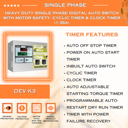 Heavy Duty Single Phase Digital Auto Switch with Motor Safety, Cyclic Timer & Clock Timer  (1-35A) (DEV-K3)
