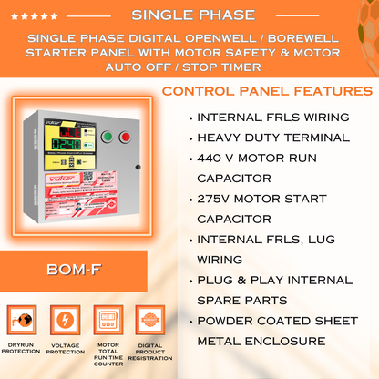 Single Phase Digital Openwell / Borewell Starter Panel with Motor Safety & Motor Auto Off / Stop Timer (BOM-F)