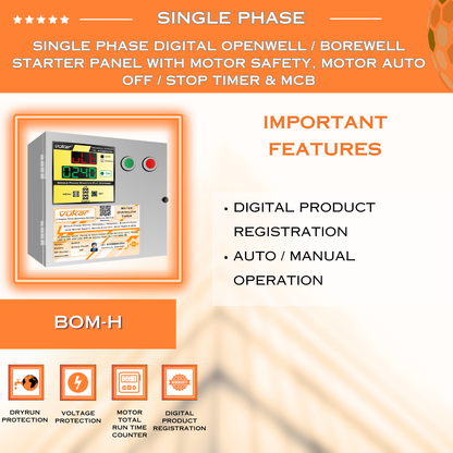 Single Phase Digital Openwell / Borewell Starter Panel with Motor Safety, Motor Auto Off / Stop Timer & MCB (BOM-H)