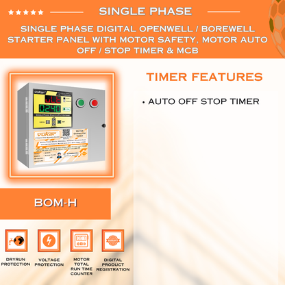 Single Phase Digital Openwell / Borewell Starter Panel with Motor Safety, Motor Auto Off / Stop Timer & MCB (BOM-H)