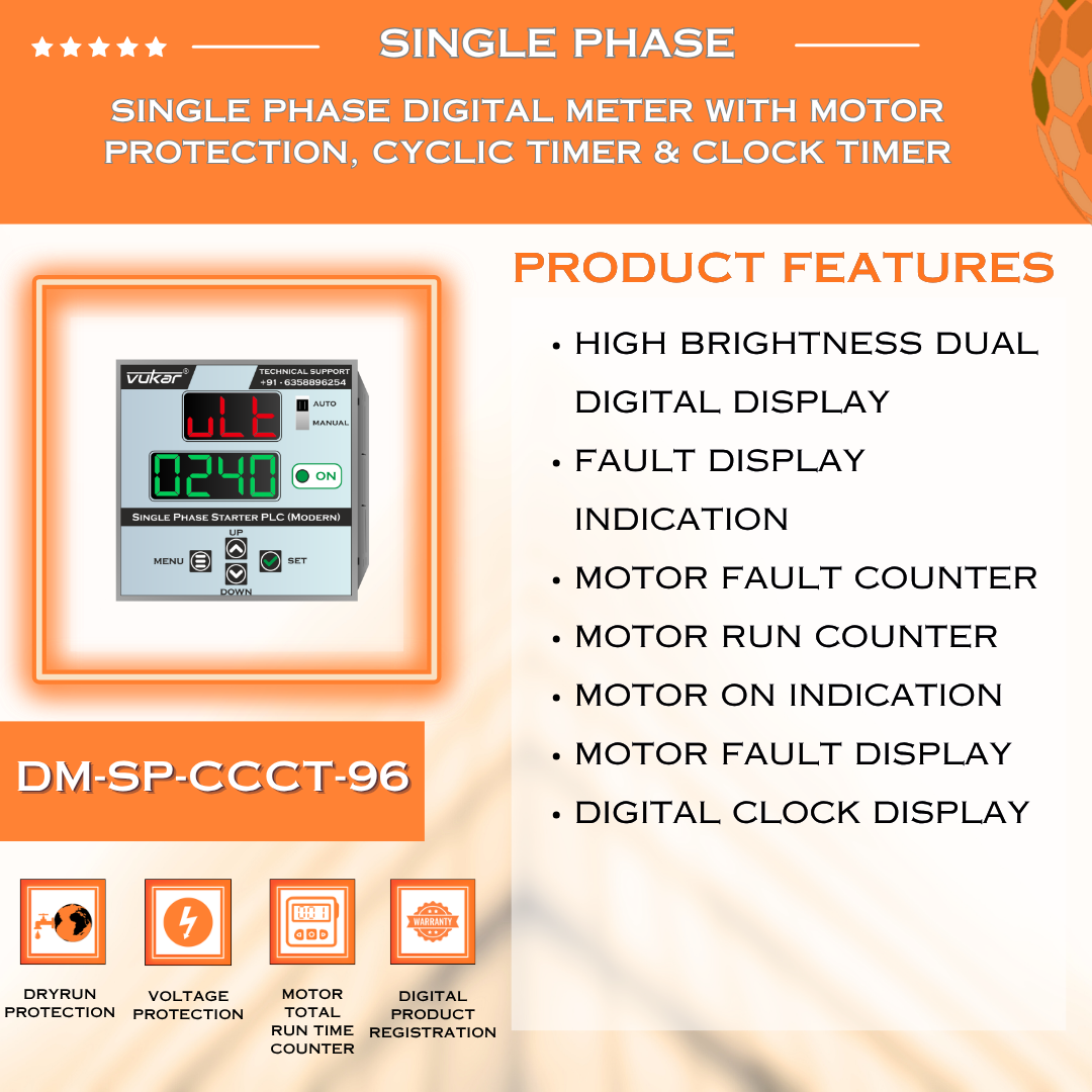 Single Phase Digital Meter with Motor Protection, Cyclic Timer & Clock Timer (DM-SP-CCCT-96)