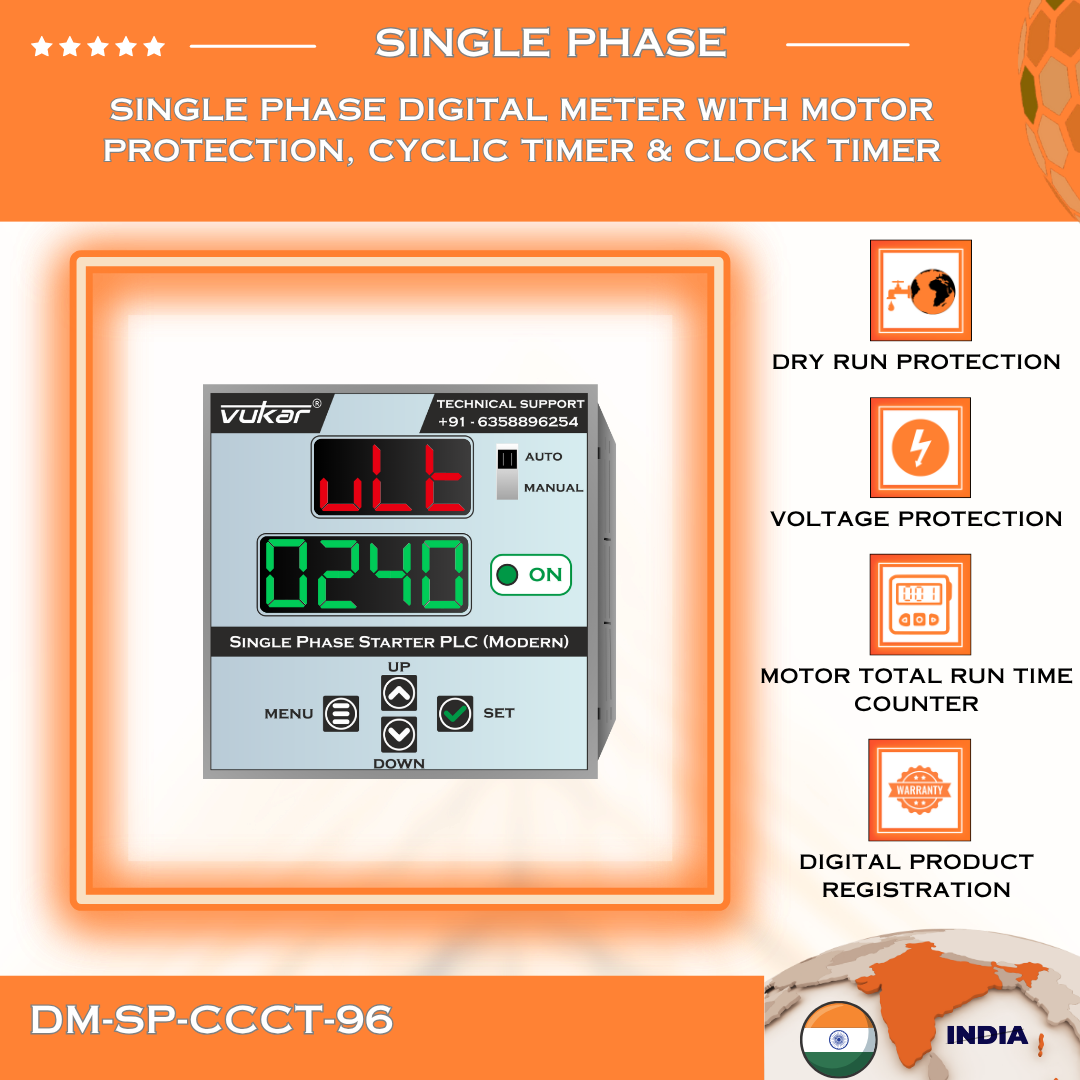 Single Phase Digital Meter with Motor Protection, Cyclic Timer & Clock Timer (DM-SP-CCCT-96)
