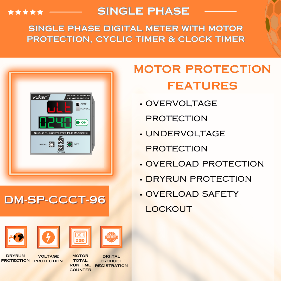 Single Phase Digital Meter with Motor Protection, Cyclic Timer & Clock Timer (DM-SP-CCCT-96)