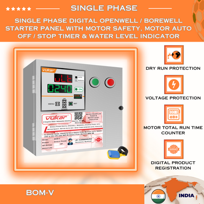 Single Phase Digital Openwell / Borewell Starter Panel with Motor Safety, Motor Auto Off / Stop Timer & Water Level Indicator (BOM-V)