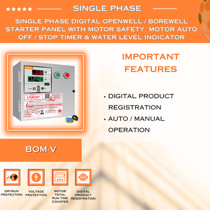 Single Phase Digital Openwell / Borewell Starter Panel with Motor Safety, Motor Auto Off / Stop Timer & Water Level Indicator (BOM-V)