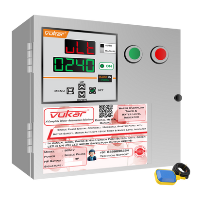 Single Phase Digital Openwell / Borewell Starter Panel with Motor Safety, Motor Auto Off / Stop Timer & Water Level Indicator (BOM-V)