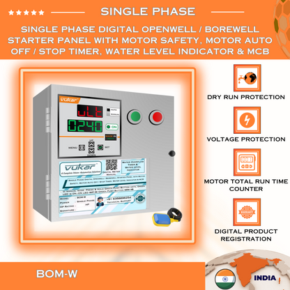 Single Phase Digital Openwell / Borewell Starter Panel with Motor Safety, Motor Auto Off / Stop Timer, Water Level Indicator & MCB (BOM-W)
