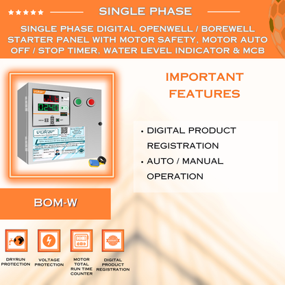 Single Phase Digital Openwell / Borewell Starter Panel with Motor Safety, Motor Auto Off / Stop Timer, Water Level Indicator & MCB (BOM-W)