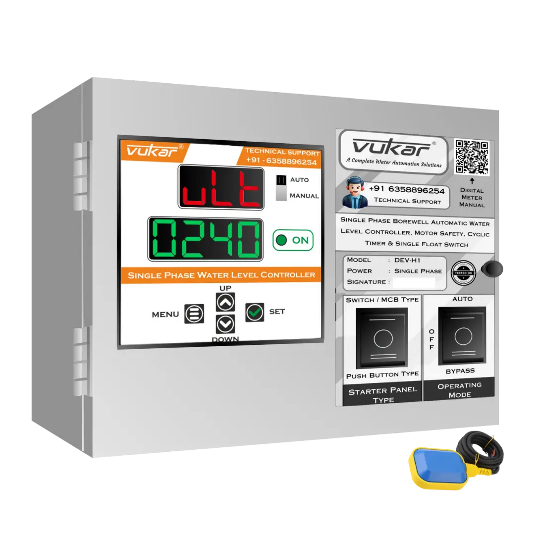 Single Phase Borewell Automatic Water Level Controller, Motor Safety, Cyclic Timer & Single Float Switch (DEV-H1) VUKAR