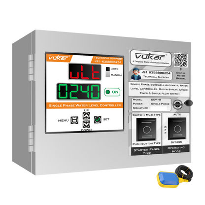 Single Phase Borewell Automatic Water Level Controller, Motor Safety, Cyclic Timer & Single Float Switch (DEV-H1)