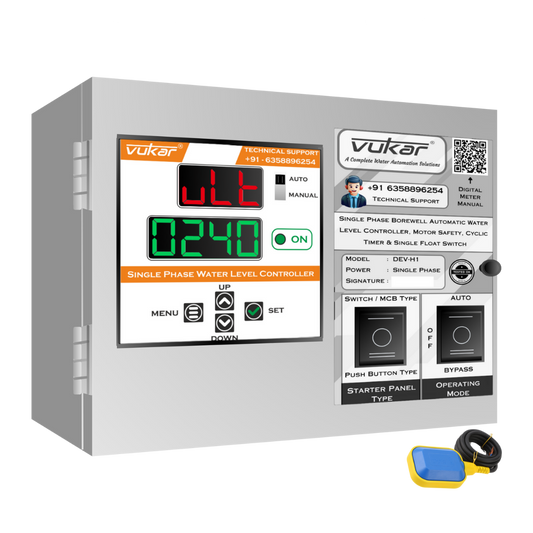 Single Phase Borewell Automatic Water Level Controller, Motor Safety, Cyclic Timer & Single Float Switch (DEV-H1)