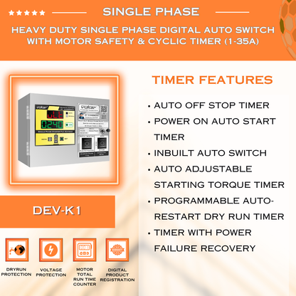 Heavy Duty Single Phase Digital Auto Switch with Motor Safety & Cyclic Timer (1-35A) (DEV-K1)