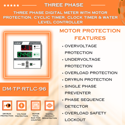 Three Phase Digital Meter with Motor Protection, Cyclic Timer, Clock Timer & Water Level Controller (DM-TP-RTLC-96)