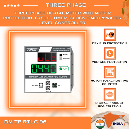 Three Phase Digital Meter with Motor Protection, Cyclic Timer, Clock Timer & Water Level Controller (DM-TP-RTLC-96)